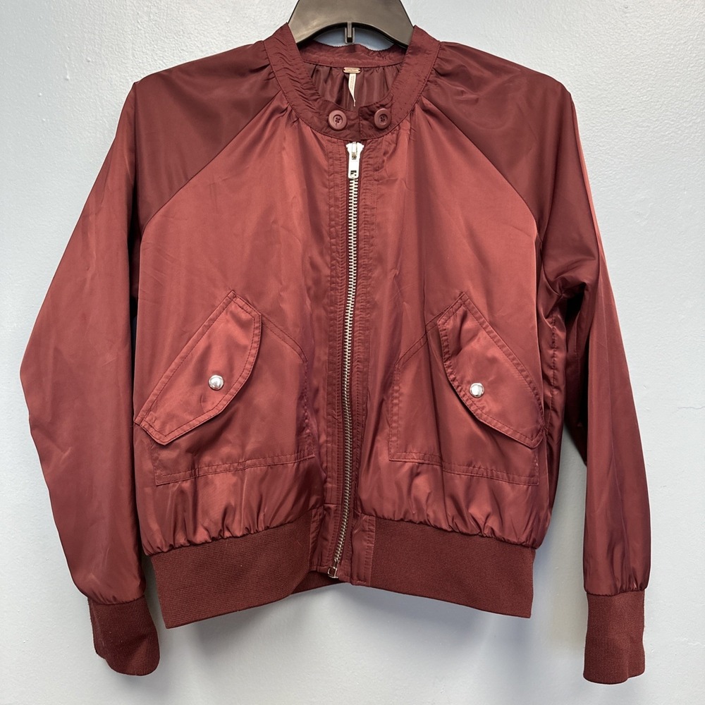 Free People Size Medium Midnight Bomber jacket Wine Red Satin Members Only Style - Picture 3 of 10
